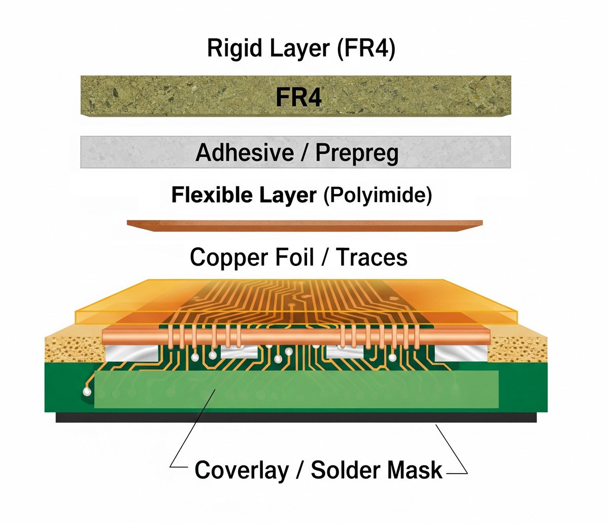A diagram showing the layered structure of a rigid-flex PCB.
