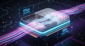 A futuristic CGI visualization of a next-generation Co-Packaged Optics (CPO) module floating in a dark, cyberpunk environment with glowing cyan and magenta light trails and holographic performance metrics.