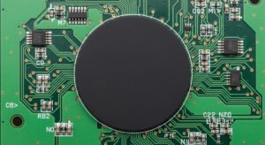 PCB Prototyping 12 A high-magnification, detailed close-up of a flat, round, matte black COB module seamlessly integrated into a green printed circuit board (PCB), surrounded by various electronic components and circuit traces