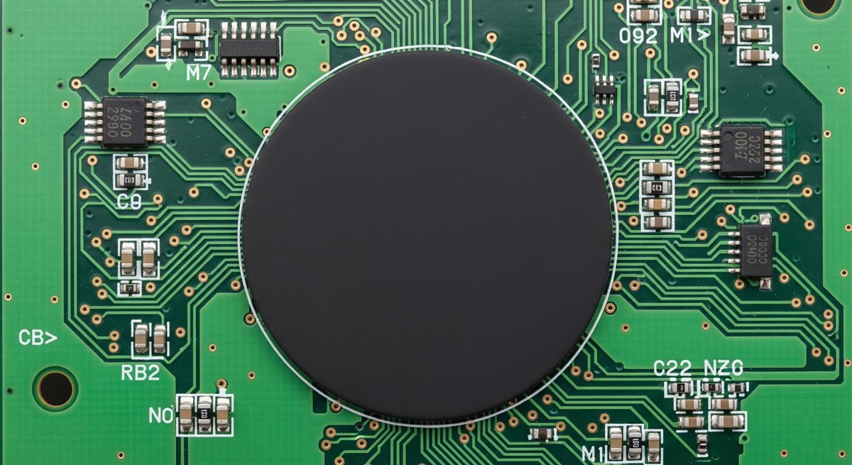 The Ultimate Guide to Chip on Board (COB) Technology 1 A high-magnification, detailed close-up of a flat, round, matte black COB module seamlessly integrated into a green printed circuit board (PCB), surrounded by various electronic components and circuit traces