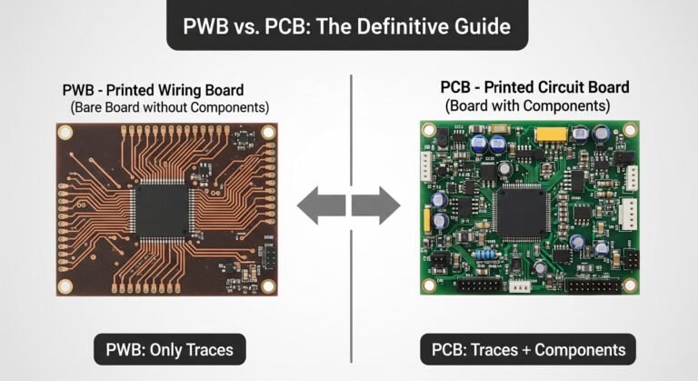 A side-by-side diagram contrasting a bare Printed Wiring Board (PWB) with a complete Printed Circuit Board (PCB) populated with electronic components.