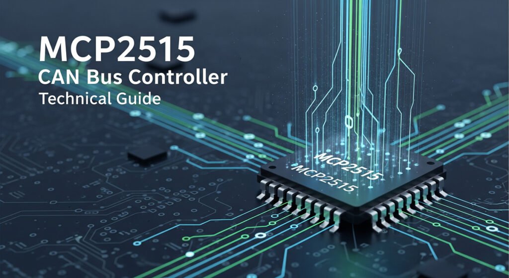 A stylized cover image for a technical guide, featuring a rendered MCP2515 integrated circuit chip on a circuit board with glowing data lines.