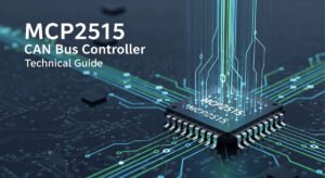 PCB-Prozessfall 34 A stylized cover image for a technical guide, featuring a rendered MCP2515 integrated circuit chip on a circuit board with glowing data lines.