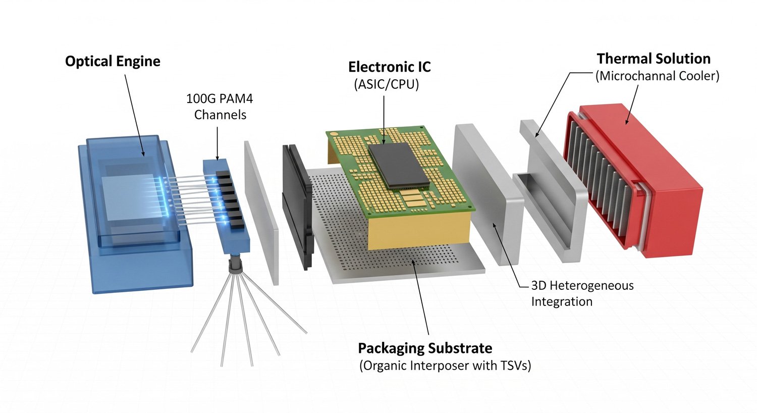 Diagram showing the architecture of a CPO module with a switch chip and optical engines co-packaged.