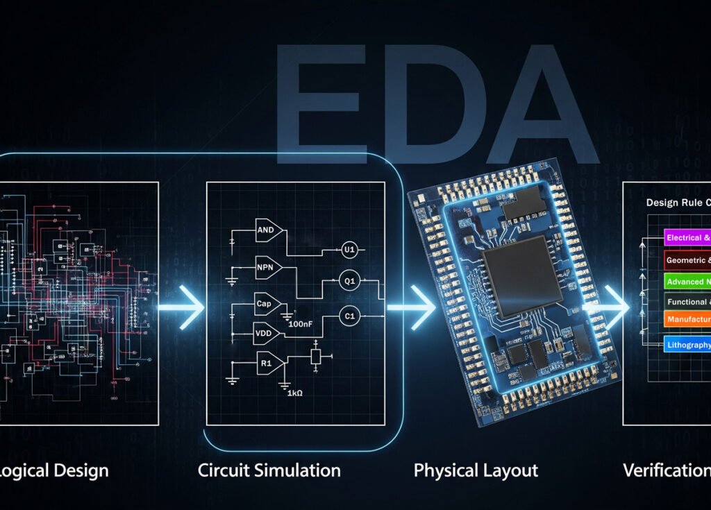 Choosing the Right EDA Software for Your IC Board Design Project 1 A diagram illustrating the process of Electronic Design Automation (EDA), showing the stages of logical design, circuit simulation, physical layout, and verification.