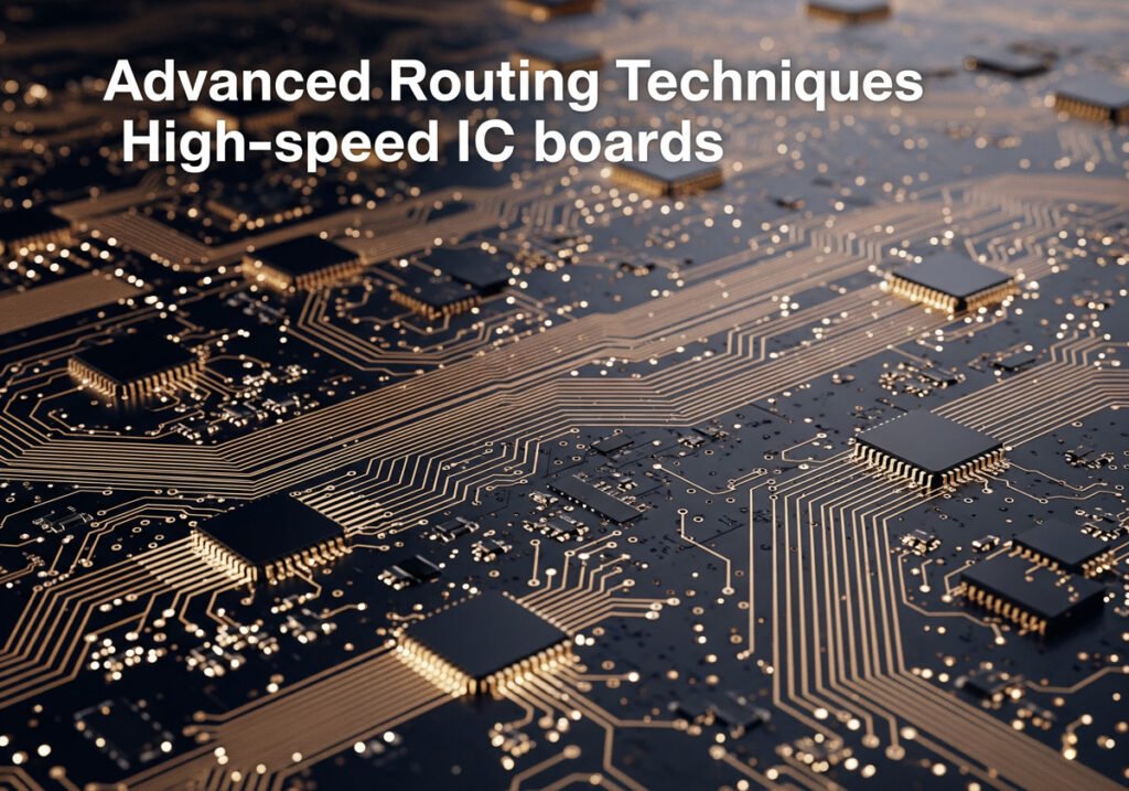 A close-up, high-angle view of a detailed high-speed integrated circuit (IC) board, showing a complex network of glowing copper traces and multiple IC chips.