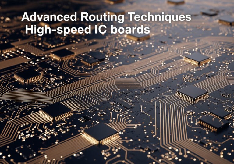 A close-up, high-angle view of a detailed high-speed integrated circuit (IC) board, showing a complex network of glowing copper traces and multiple IC chips.
