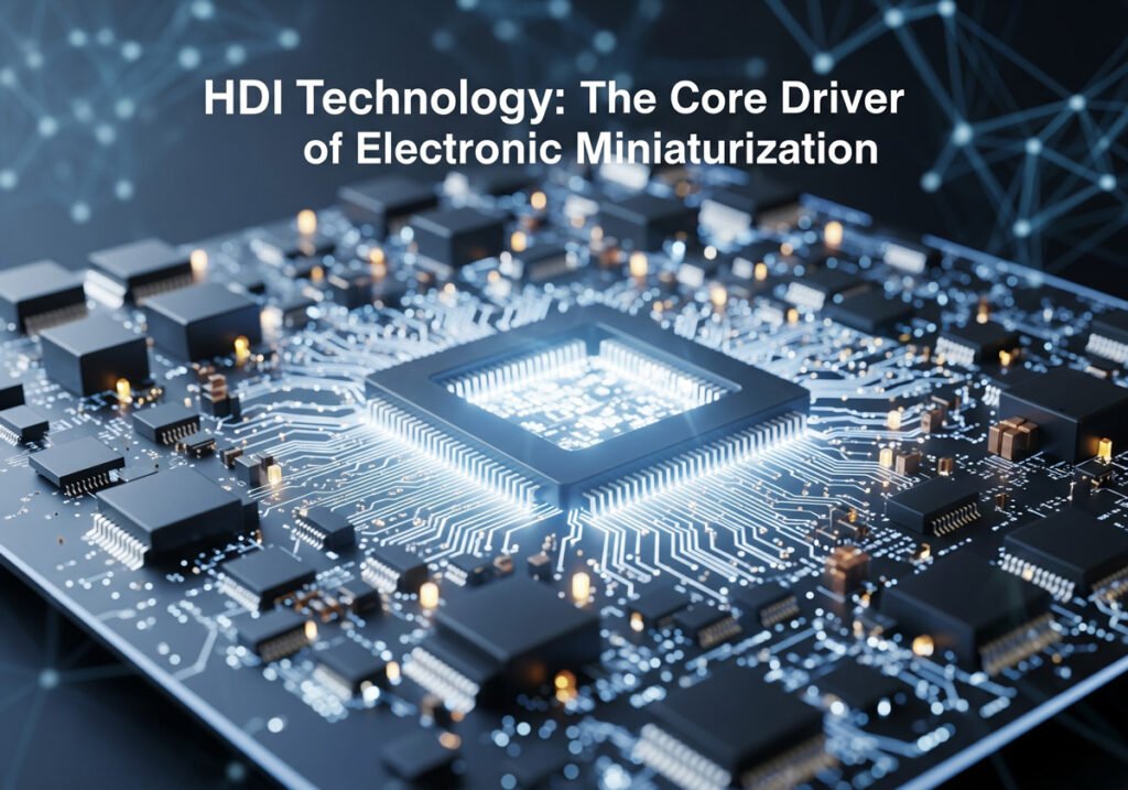 A detailed, futuristic IC board with fine lines, micro-vias, and a large glowing central processor, titled "HDI Technology: The Core Driver of Electronic Miniaturization".