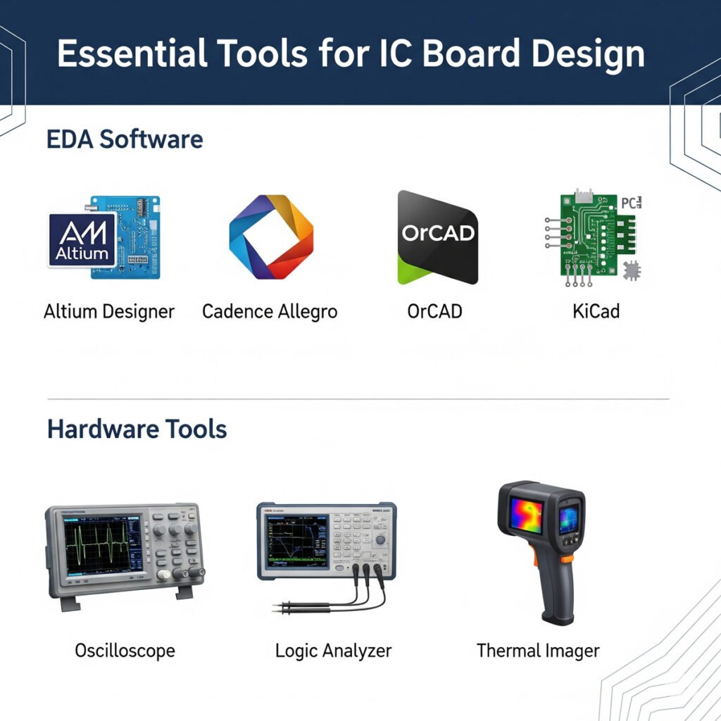 The Complete Guide to IC Board Design 3 An infographic titled "Essential Tools for IC Board Design," showing icons for EDA software like Altium Designer, Cadence Allegro, OrCAD, and KiCad, alongside hardware tools such as an Oscilloscope, Logic Analyzer, and Thermal Imager.