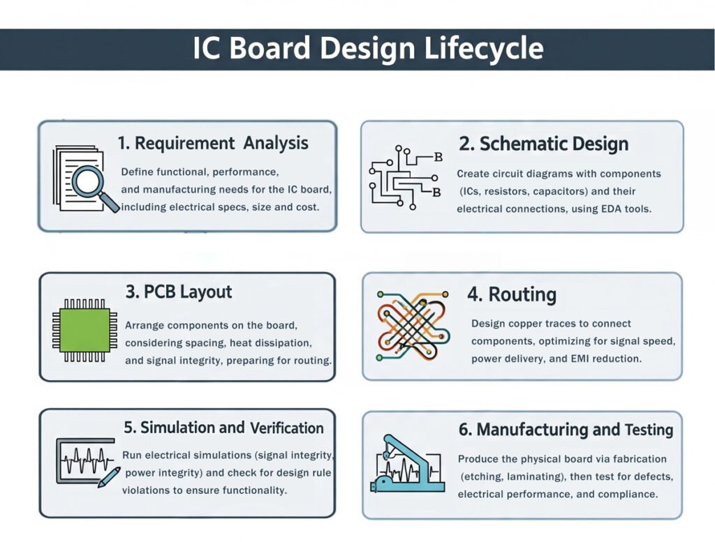 Diagram outlining the 6 - step IC Board Design Lifecycle: Requirement Analysis, Schematic Design, PCB Layout, Routing, Simulation & Verification, Manufacturing & Testing.
