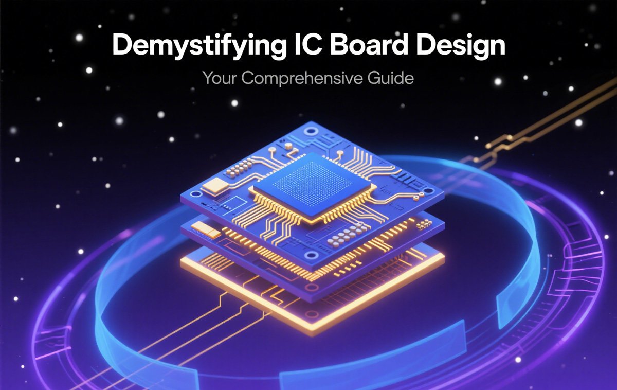 IC board design illustration featuring a detailed PCB layout with integrated circuits