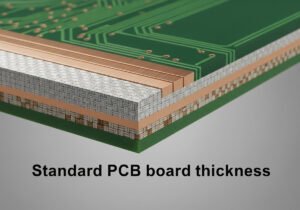 A cross-section view of a multilayer printed circuit board, showcasing its internal layers and the text "Standard PCB board thickness" below.