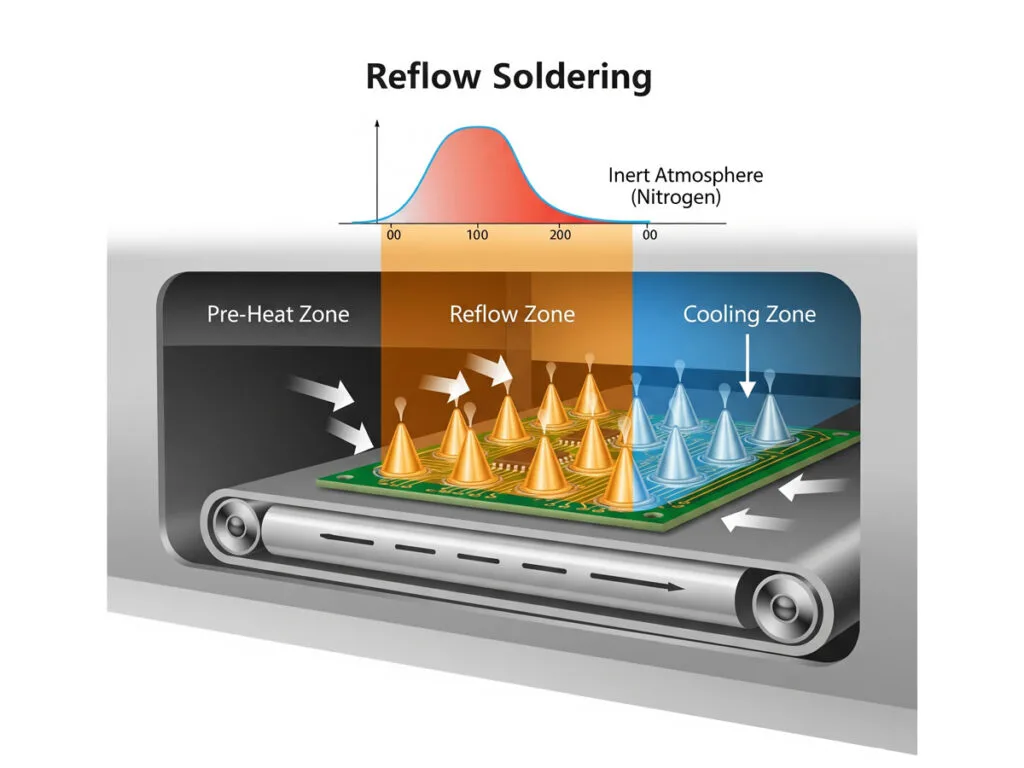 Illustration of a PCB moving through the pre-heat, reflow, and cooling zones of a reflow soldering oven, with a temperature profile shown above.