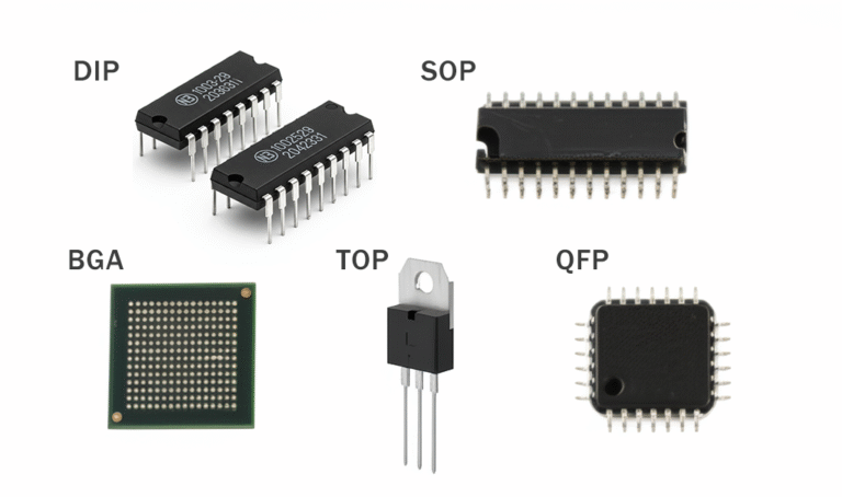 A grid displaying five common IC package types: DIP, SOP, BGA, TO-220 (labeled TOP), and QFP.