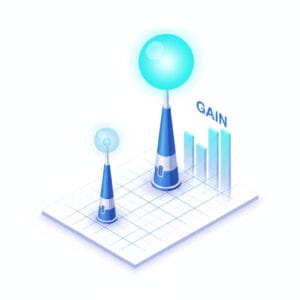 A 3D isometric technical illustration comparing two antennas on a digital grid; a tall antenna with a large glowing signal sphere and holographic data bars vs. a short antenna with a weak signal bubble.