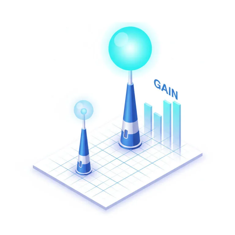 A 3D isometric technical illustration comparing two antennas on a digital grid; a tall antenna with a large glowing signal sphere and holographic data bars vs. a short antenna with a weak signal bubble.
