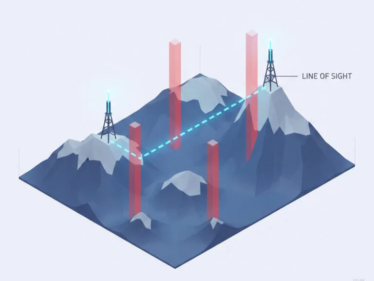 3D isometric illustration of two communication towers on blue mountains with a glowing neon line of sight and red obstruction pillars on a white background.