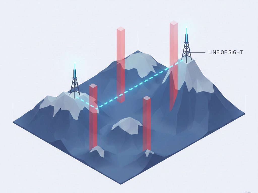 3D isometric illustration of two communication towers on blue mountains with a glowing neon line of sight and red obstruction pillars on a white background.
