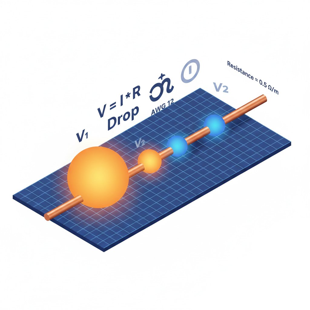 A 3D isometric technical render of a thick copper wire on a digital grid, showing a large glowing V1 energy sphere shrinking to a smaller V2 sphere to represent voltage drop, with floating scientific symbols.