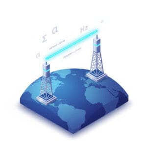 A 3D isometric render of two telecom towers on a curved blue Earth segment, connected by a glowing straight line of sight with floating mathematical symbols on a white background.