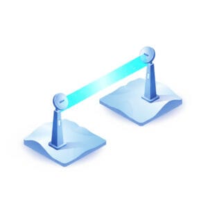 A 3D isometric professional illustration of a point-to-point wireless link between two sleek communication towers with a glowing blue data stream on a minimalist white background.