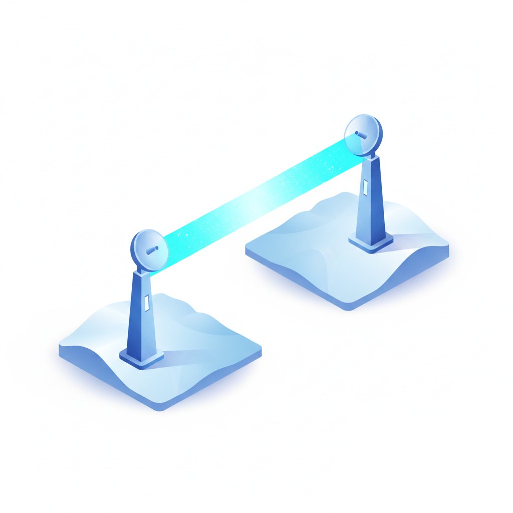 A 3D isometric professional illustration of a point-to-point wireless link between two sleek communication towers with a glowing blue data stream on a minimalist white background.