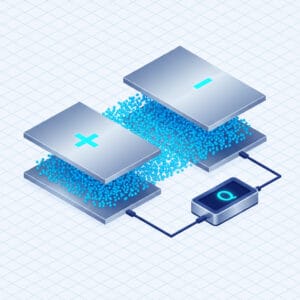 3D illustration of accumulated electric charges on capacitor plates with Coulomb measurement units