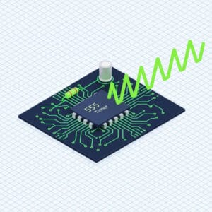 3D illustration of a 555 Timer IC generating square wave pulses for frequency and duty cycle calculation