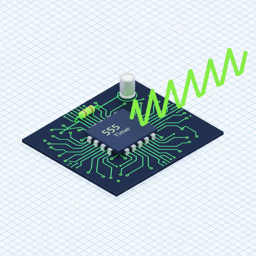 3D illustration of a 555 Timer IC generating square wave pulses for frequency and duty cycle calculation
