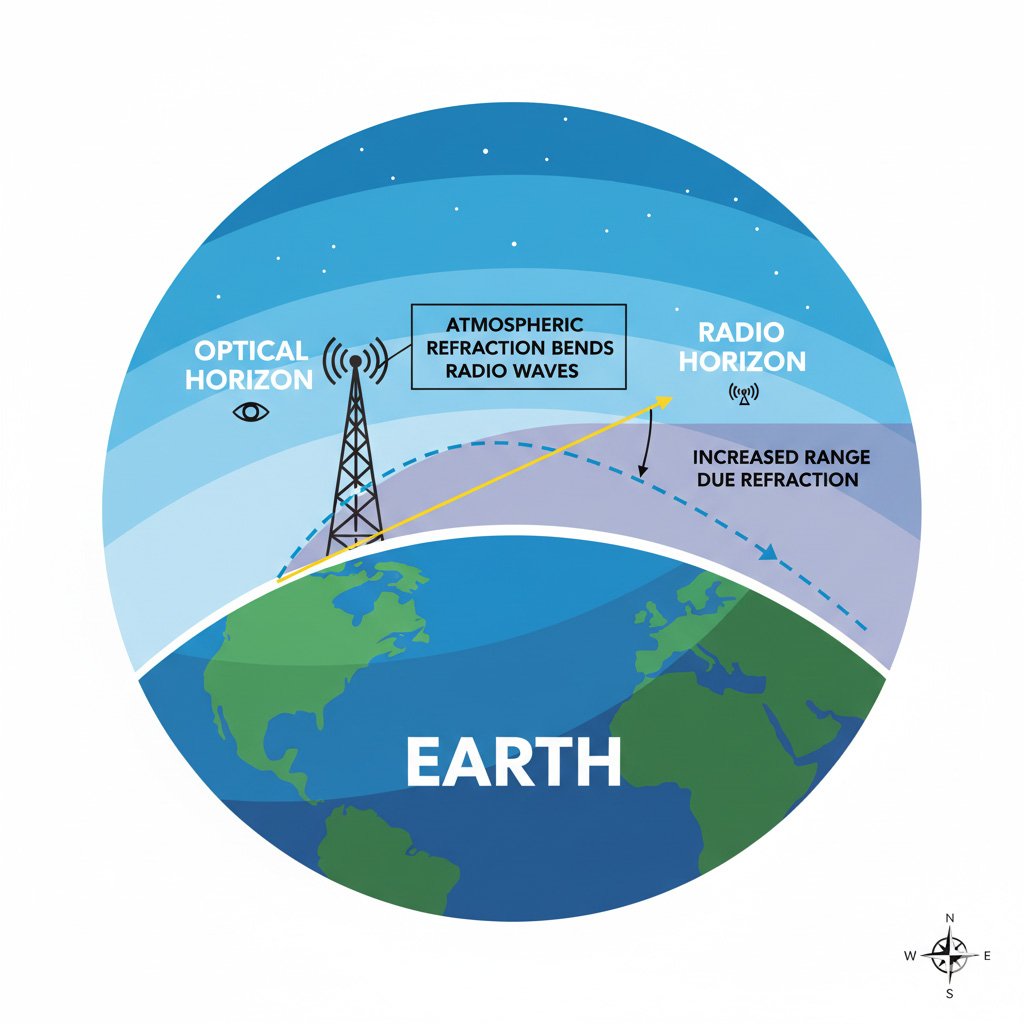 Radio wave propagation diagram showing Earth's curvature effect on radio horizon