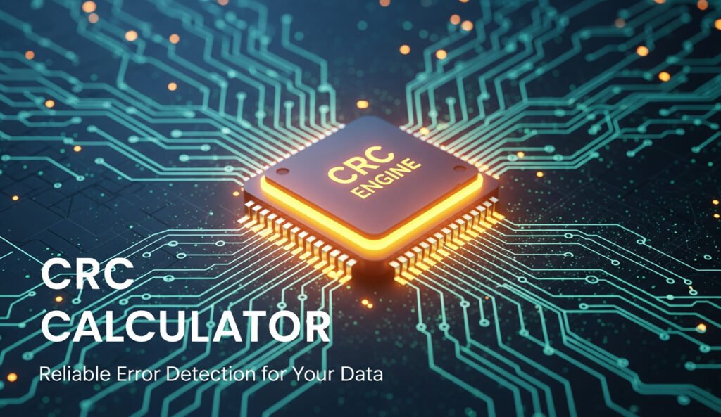 CRC Calculator with a glowing "CRC ENGINE" chip on a circuit board, representing error detection.