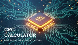 CRC Calculator with a glowing "CRC ENGINE" chip on a circuit board, representing error detection.