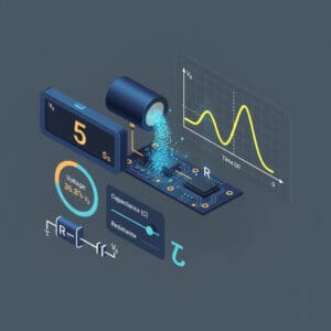 3D professional illustration of a capacitor discharging through a resistor, showing a decaying glowing energy wave and digital time constant (RC) metrics