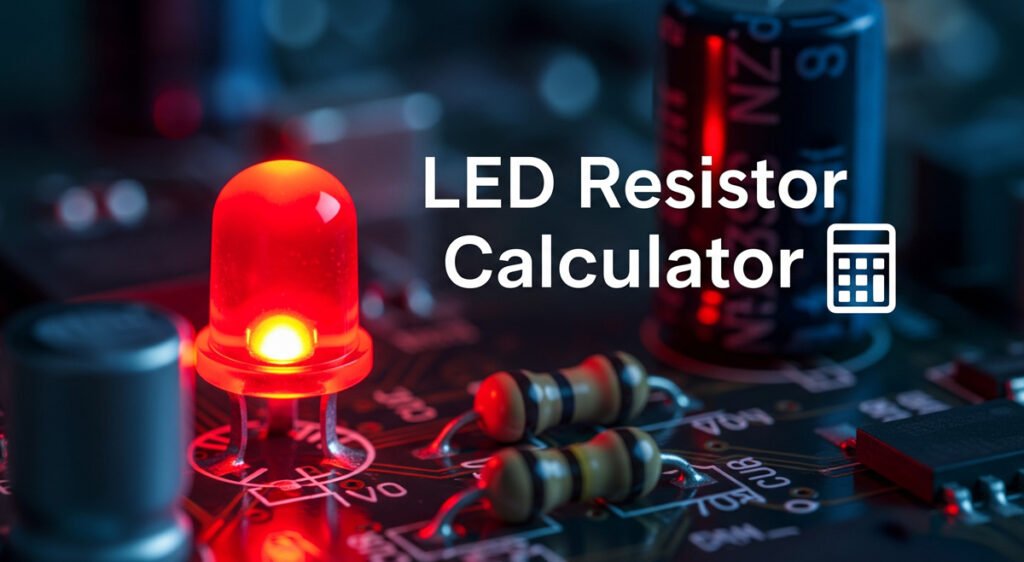 LED Resistor Calculator with a bright red LED and a resistor on a circuit board.
