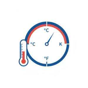 Minimalist vector illustration of a digital thermometer integrated with a circular scale showing Celsius, Fahrenheit, and Kelvin units with a blue-to-red thermal gradient.