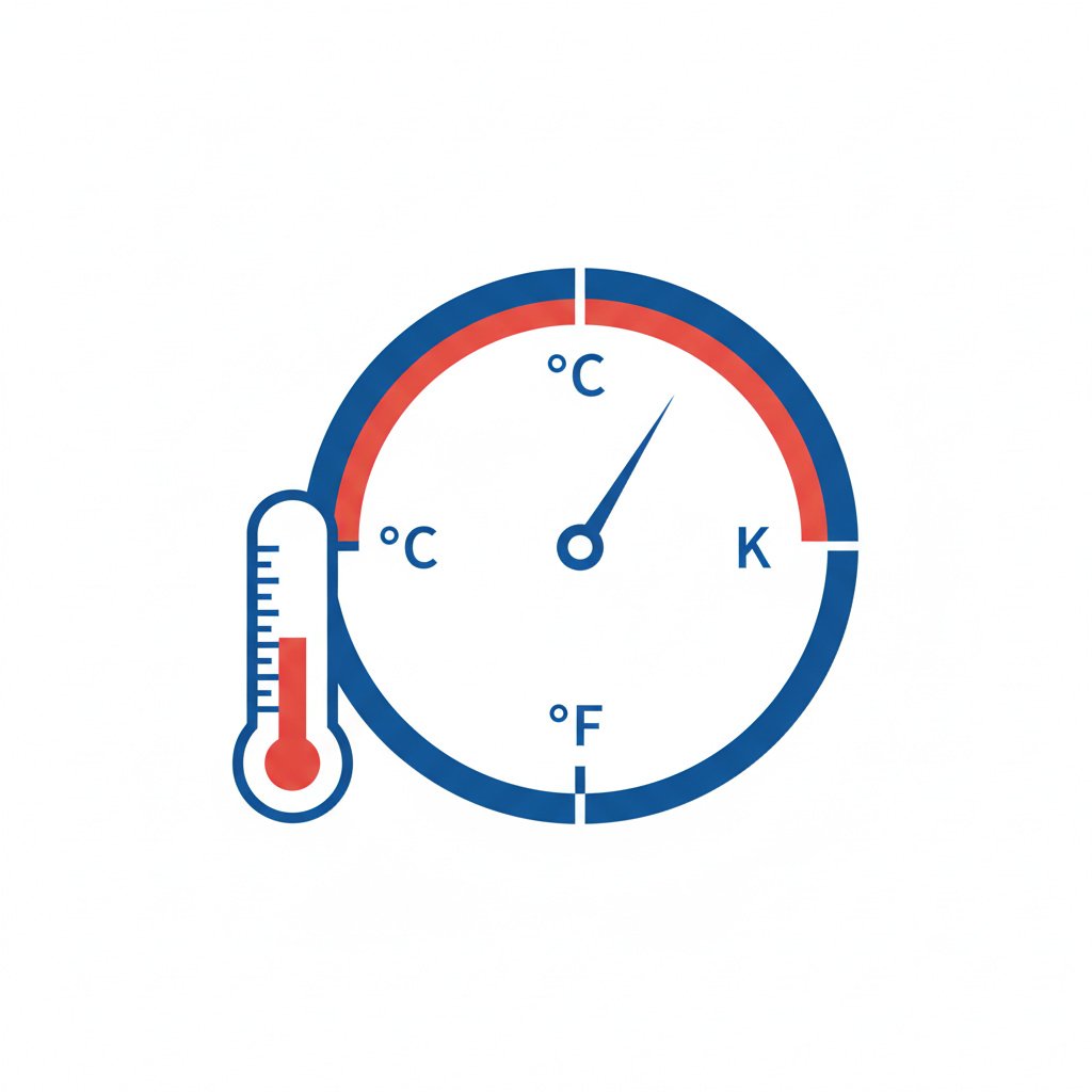 Minimalist vector illustration of a digital thermometer integrated with a circular scale showing Celsius, Fahrenheit, and Kelvin units with a blue-to-red thermal gradient.