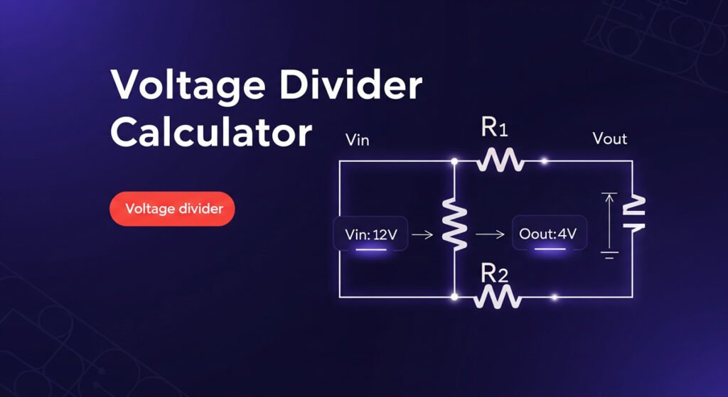 Voltage Divider Calculator with a circuit diagram showing Vin, Vout, R1, and R2 components.
