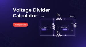 Voltage Divider Calculator with a circuit diagram showing Vin, Vout, R1, and R2 components.