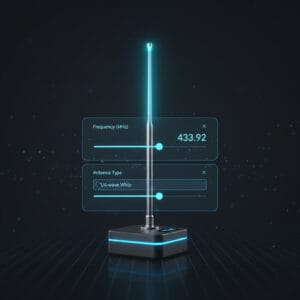 3D illustration of an antenna with digital measurement tools calculating length based on frequency