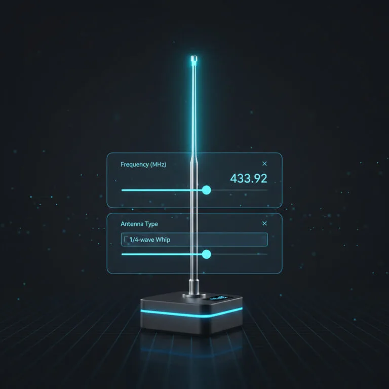 3D illustration of an antenna with digital measurement tools calculating length based on frequency