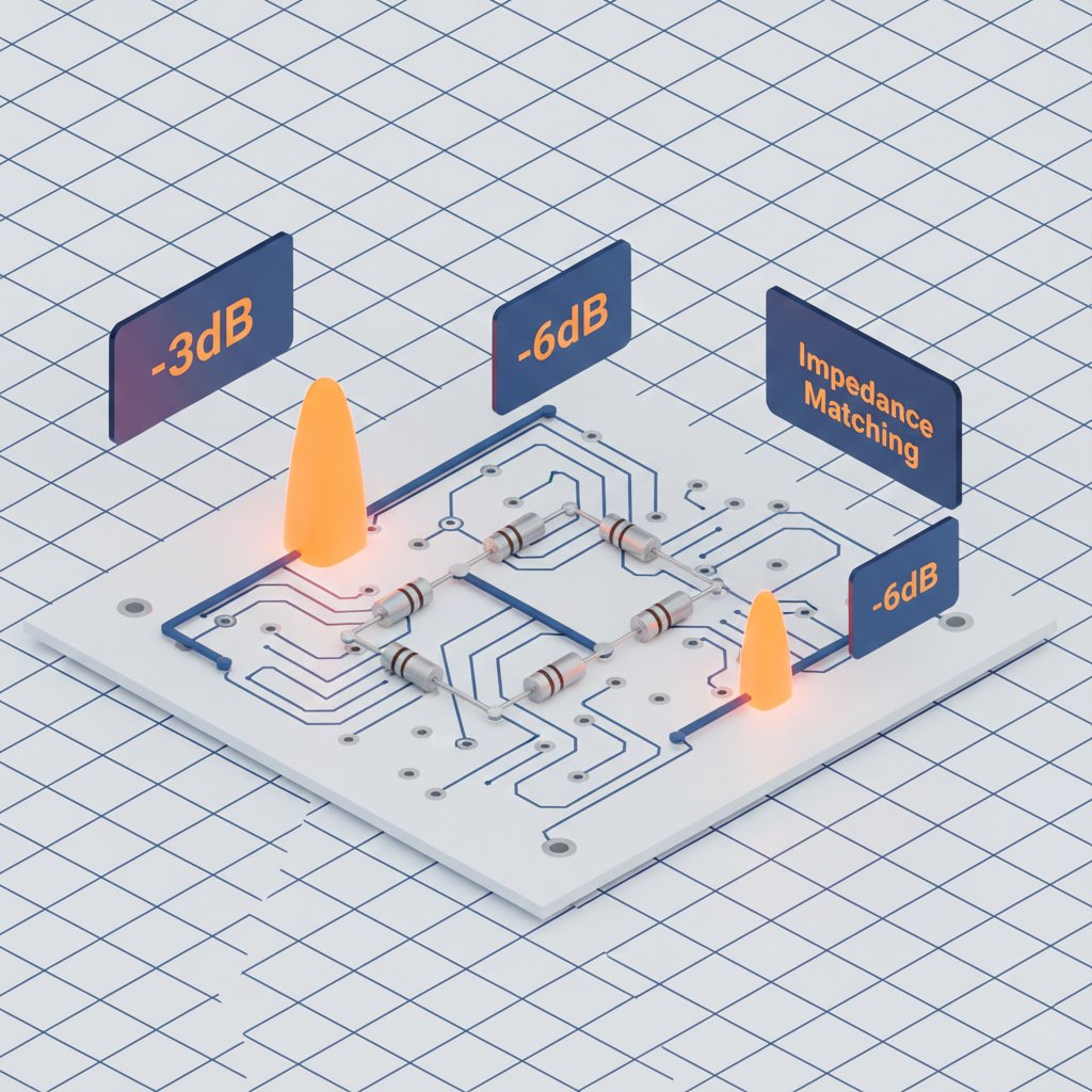 3D illustration showing signal power reduction through a professional attenuator circuit network