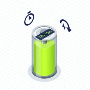 3D visualization of a lithium battery with a digital countdown timer and energy consumption metrics