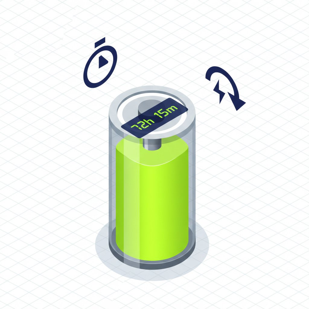 3D visualization of a lithium battery with a digital countdown timer and energy consumption metrics