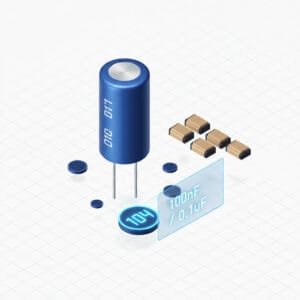 3D visual of various capacitor types including electrolytic and ceramic with digital capacitance value readouts