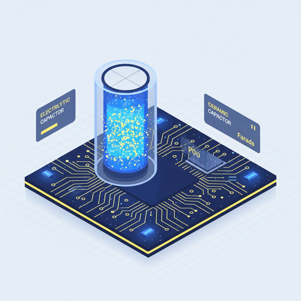 3D illustration of an electronic capacitor storing electrical energy with Joule measurement indicators