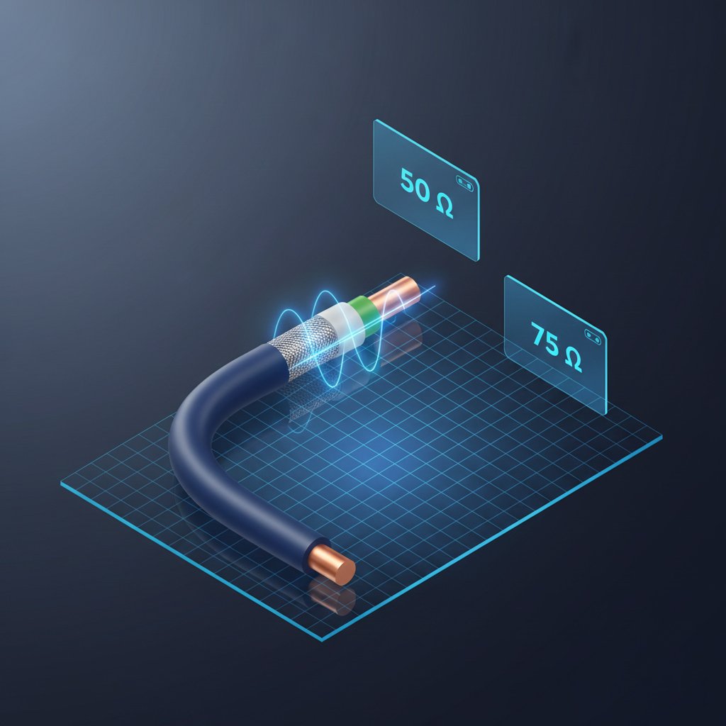 3D cross-section diagram of a coaxial cable illustrating inner and outer conductor diameters for impedance calculation