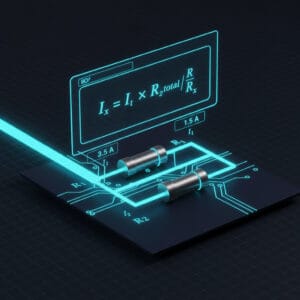 3D circuit visualization of total current splitting into parallel resistor branches according to current divider rule