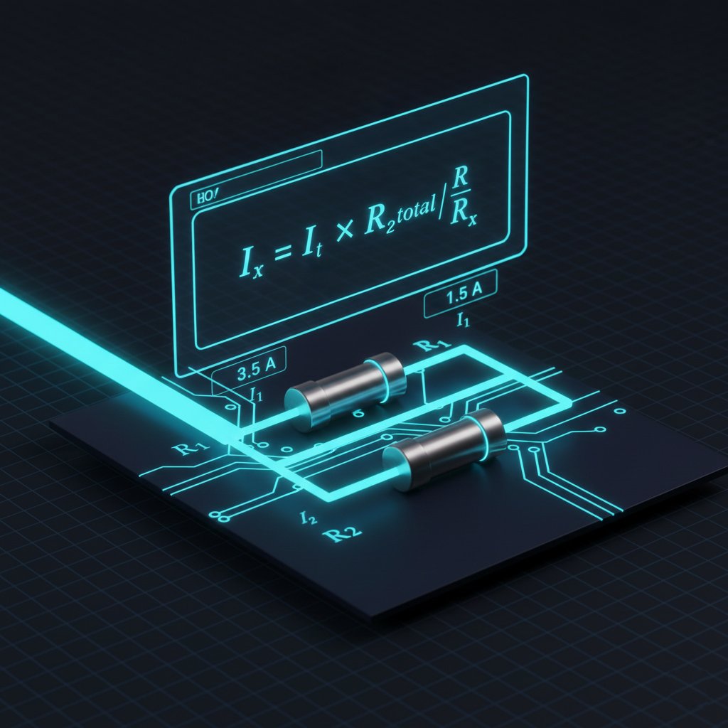 3D circuit visualization of total current splitting into parallel resistor branches according to current divider rule