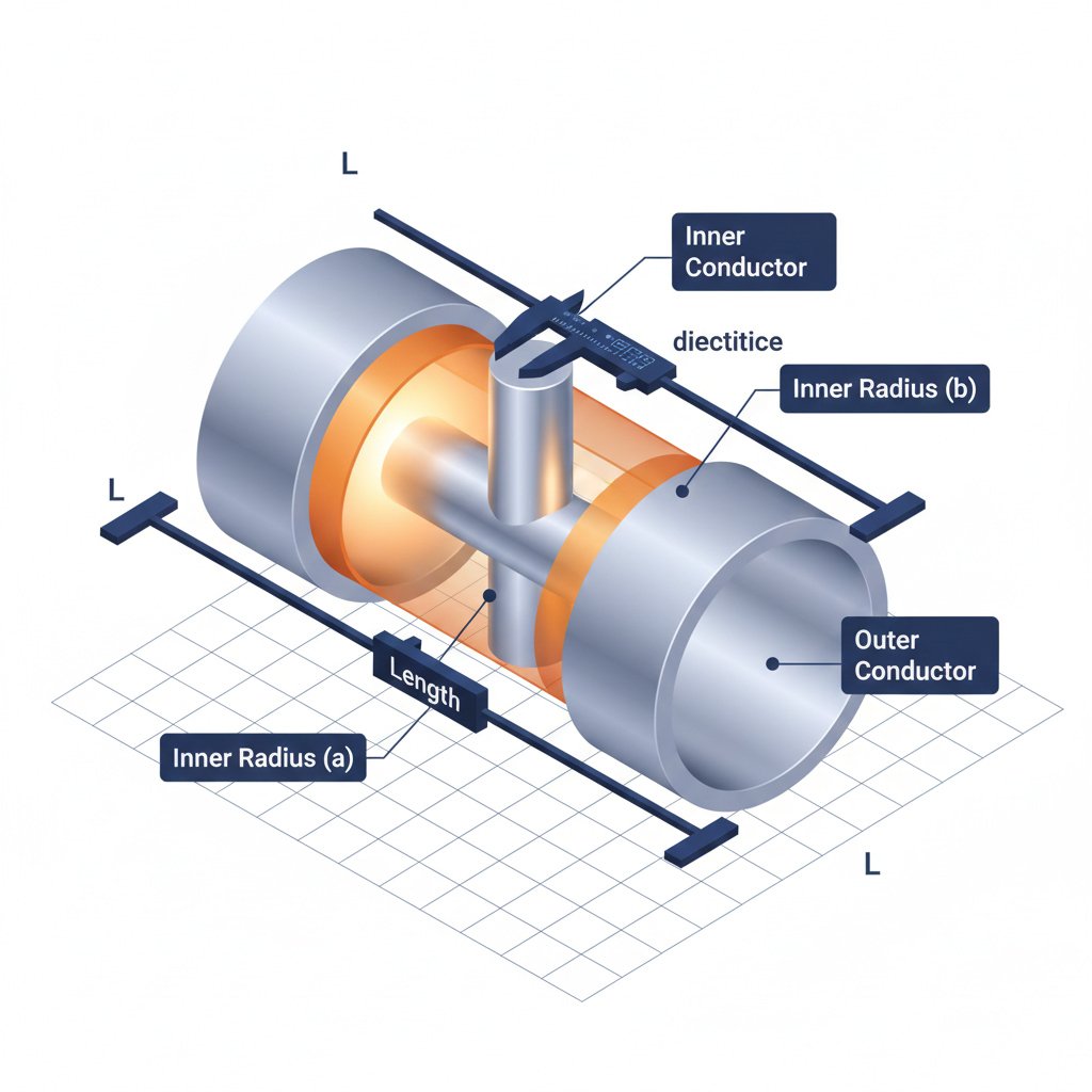 3D technical diagram of a cylindrical capacitor showing inner and outer radii with electric field lines