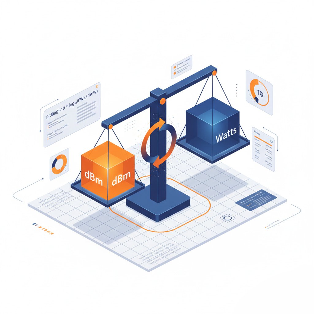 3D illustration of a unit converter interface for dBm to Watts power calculation